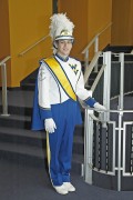 Joseph Andria, a member of the WVU Mountaineer Marching Band, models one of the band\'s new uniforms. The WVU Foundation today (June 16) launched Band Aid Drive, a campaign to raise $270,000 to purchase 400 uniforms.