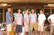 WVU Dadisman Hall residents, from left, John Estep, Sistersville; Erik Myers, Middlebourne; Caleb Cross, Beckley; Adam McCoy, Burnsville; and Lewis Hardway, Cowen - all West Virginians - attended Sunday\'s (Aug. 18) New Student Convocation at the WVU