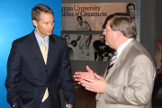 Dr. Brian Noland, left, new higher education chancellor, talks with WVU President David C. Hardesty Jr. at the Visitors Resource Center.  Noland, a WVU alumnus, was back on campus Wednesday in his new role.  After touring the campus, Noland met with vario