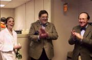 WVU President David C. Hardesty Jr. (middle) and political science professor Robert DiClerico applaud WVU junior Becky McCauley, a biology and chemistry major from Morgantown, for winning the Goldwater and Truman scholarships.