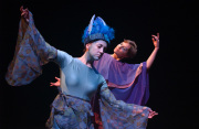 WVU theatre faculty member Jessica Morgan and student Sarah Johnson portray Shakespearan characters in the play “The Tempest,” at the WVU Creative Arts Center during March 24-31. 