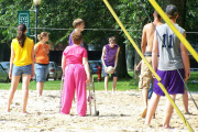 Volleyball on the \"beach\" at WVU Jackson\'s Mill is just one of the many activities this week that combines fun and friendship at 4-H camp, run by the WVU Extension Service 4-H program.