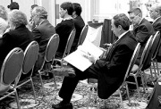 Gov. Bob Wise takes notes during a recent Economic Outlook Conference. The WVU College of Business and Economics holds the conference every year in November to help businesses and policy makers such as the governor make economic decisions. This is the Out