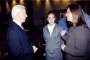 Sen. Byrd talks informally with high school students about ways to end school violence in West Virginia following Saturday\'s conference, hosted by WVU.