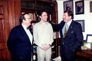 WVU President David Hardesty (right) and professor Robert DiClerico (Left) congratulate WVU\'s 14th Truman Scholar Joshua Whitehair of Clarksburg, WV.  Whitehair was one of 219 finalists from 146 institutions who competed for one of  the prestigious 