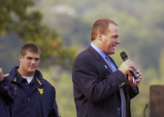 WVU Head Football Coach Rich Rodriguez energizes the crowd with remarks at last year\'s FanFest.
