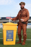 WVU and Gov. Joe Manchin\'s REAP - The Next Generation initiative are bringing recycling to Mountaineer fans beginning this season. Mountaineer mascot Brady Campbell (seen here) and Manchin will be featured in a series of television and radio spots p