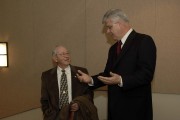 Billy Coffindaffer, left, visits with state Treasurer John Perdue at a recent event at WVU\'s Davis College of Agriculture, Forestry and Consumer Sciences.  Perdue is chairman of the Davis College\'s visiting committee while Coffindaffer is a fo