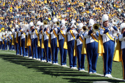 The brass section of the band sports the new uniforms that generous WVU donors funded this year.