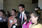 Gov. Joe Manchin greets 4-H members during last year\'s WVU Extension Day at the Legislature when more than 800 Extension volunteers, students and other supporters visited the State Capitol to show their support for WVU, to learn about the legislatur