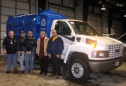 The WVU Recycling Team works to expand services and collection points across the University. Pictured left to right are: Bill Summers, campus service worker, Domenick Rocca, supervisor Campus Services, Mark Foley, campus service worker, Barbara Angeletti,