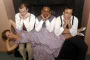 WVU Theatre student Denice Burbach, as Tracy Lord, is about to marry again and the men in her life (from left) are played by Steven Gibbs, Rodney Creech and Mike Custer in the classic American comedy, \"The Philadelphia Story.\" For tickets or m