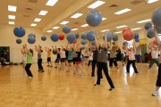 Group fitness instructor Nancy Naternicola (front) leads an aerobics exercise class in cardio ball. WVU\'s School of Physical Education recently introduced a new group fitness instruction minor. Classes for the minor begin this summer.
