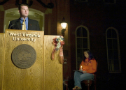 SGA Vice President Jason Parsons offers WVU sympathies to the Virginia Tech community as part of Wednesday night\'s vigil at Woodburn Circle. 
