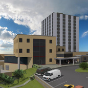 This architect\'s drawing depicts the four-story, 28,000-square-foot addition to the Engineering Sciences Building which will be built on the southeast corner of the building, adjacent to Parking Lot 40 and Evansdale Drive. Construction on the projec