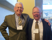 Two members of the WVU Class of 1956, Robert Festog (left) and Joseph Fourney, share a moment together at last year\'s Emeritus Club Weekend, sponsored by the WVU Alumni Association.  This year\'s event will be held May 4-5.  