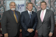 Celebrating the new program at a luncheon Thursday are (from left) Gene Cilento, dean of the WVU College of Engineering and Mineral Resources; Greg Babe, 1980 WVU mechanical engineering graduate and president and CEO of Bayer MaterialScience; and, WVU Pre