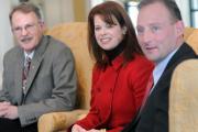 WVU is on track to have a campus child care center, which will serve families of students, faculty and staff, by the summer of 2009, WVU first lady Heather Garrison told reporters Wednesday (Jan. 16). Joined by Joe Fisher (far left), associate vice presid