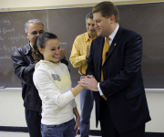 WVU President Mike Garrison surprises junior Emily Calandrelli with the news that she\'s been named a Truman Scholar.