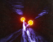 This illustration portrays a "present-day" view of the two pulsars in the system, both with their rotating lighthouse beams of radio emission. 
