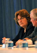 BOG Chairwoman Carolyn Long conducts Friday's  meeting, as members Drew Payne and Steve Goodwin look on.  