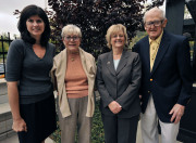 WVU poet Mary Ann Samyn (left) celebrates being awarded the Russell and Ruth Bolton Eberly College Professorship with (from left) Ruth Bolton, Eberly College Dean Mary Ellen Mazey and Russell Bolton.