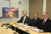 A formal memorandum of understanding was signed by, left to right, Curt M. Peterson, vice president of research and economic development at WVU and president of WVU Research Corp.; Carl O. Bauer, director of the National Energy Technology Laboratory; and 