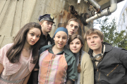 WVU Theatre students (from left) MaryJoanna Grisso, Mike Baker, Kellsye Carnill, Brian Edelman, Tracy Toman and Jake Brady perform in "Urinetown, the Musical," opening Friday, April 17, in the Gladys G. Davis Theatre of the Creative Arts Center.