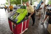 WVU President James P. Clements helps freshman Jacob McCall, of New Jersey, move his belongings into Brooke tower on move-in day.