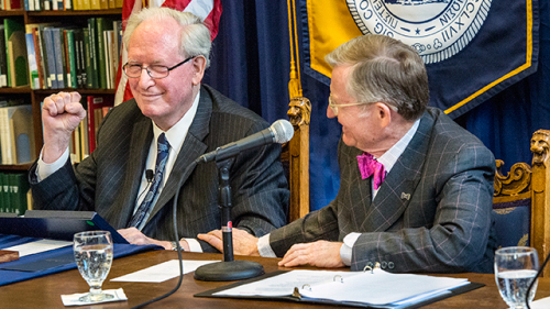 Former Sen. Jay Rockefeller with WVU President E. Gordon Gee at the announcement in 2014 that Rockefeller was donating his papers to WVU Libraries.