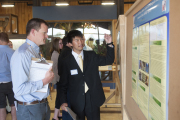 Daniel Pan discusses his research with Todd Petty, professor of wildlife and fisheries resources and director of the WVU EnvironMentors program.