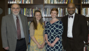 Munn Award winners Madeline Vandevender (second from left) and Megan Bean pose with Keith Garbutt, dean of the Honors College, and Dr. Jon E. Cawthorne, dean of the WVU Libraries.