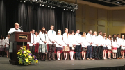 The WVU School of Medicine class of 2018, faculty and guest physicians recite the Oath of Hippocrates together at the medical school's White Coat ceremony