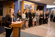 Christine Creswell introducing students and grant recipients